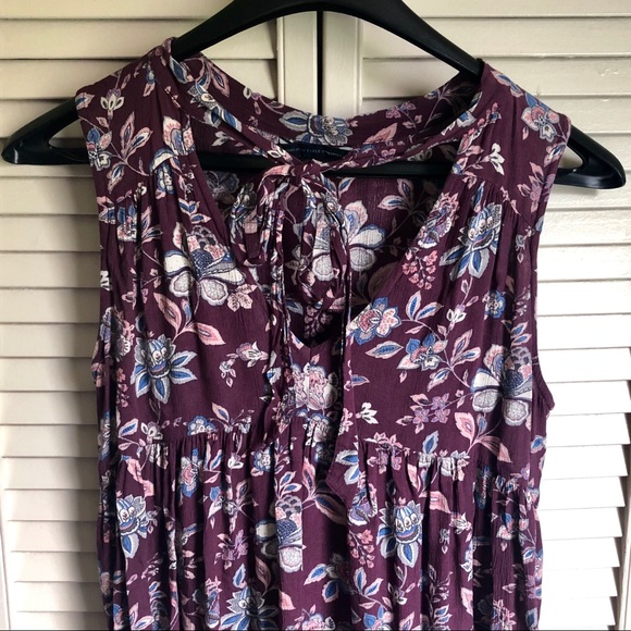 American Eagle Women’s Small Purple Floral Sleeveless Tunic V-Neck Bow Empire - Picture 3 of 7